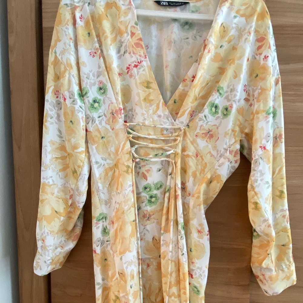 Zara Yellow Floral Lace-Up Midi Dress